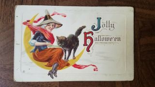 Vintage Halloween Post Card Witch Black Cat Moon Ca1910