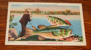Vintage Post Card Greetings From Cambridge Wi Man Fishing Posted
