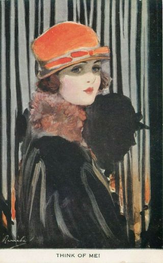Artist Signed - Barrabel - Art Deco Woman - Think Of Me - Vintage Postcard