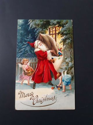 Vintage Christmas Postcard Victorian Santa Toy Bag Cherubs Angels Fruit