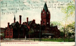 C.  M.  &st.  P.  Ry.  Rail Passenger Station Milwaukee Wi 1908vintage Postcard Kk1