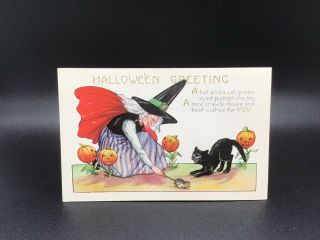 Vintage Whitney Made Halloween Postcard Witch Pumpkin Black Cat Embossed