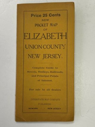 Antique Vintage Pocket Map Of Elizabeth Union County Jersey Streets Trolley