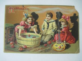 Vintage Tucks Halloween Postcard Children Bobbing For Apples & Jack - O - Lantern