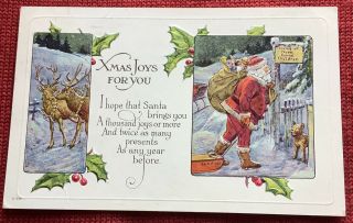 Vintage Christmas Postcard Santa Claus Reindeer Jack Frost Sled Dog Puppy