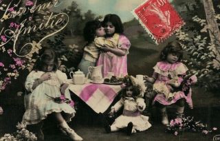 Me1882 Little Victorian Girls Having A Tea Party With Their Vintage Doll 