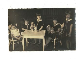 Me1881 Little Girls Having A Tea Party With Their Vintage Doll 