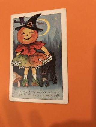Vintage Whitney Made Halloween Postcard - Pumpkin Head Fall Girl With Black Cat