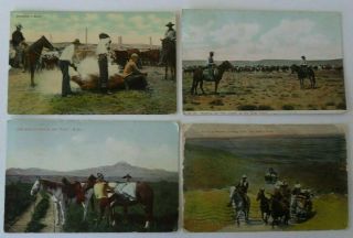 4 Vintage Cowboy - Western Postcards - 1908