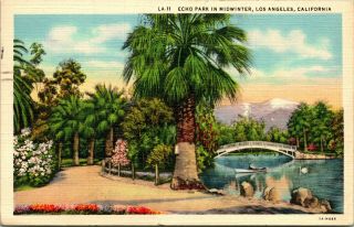 Vtg 1937 Linen Postcard - Echo Park In Midwinter W Bridge - Los Angeles Ca