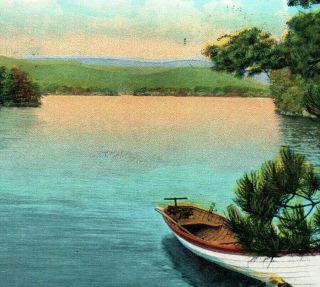 Along Squam Lake Shore Canoe Boat Water Illustration Print Nh Vintage Postcard
