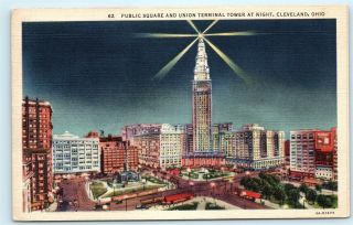 Cleveland Ohio Oh Public Square Union Terminal Tower Vintage Linen Postcard D58