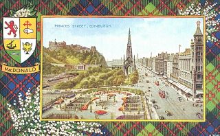 Vintage Postcard - Scotish Clan Macdonald,  Insert Princes Street,  Edinburgh