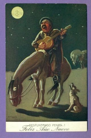 Man Plays Guitar Harse Dog And Moon Vintage Postcard 79