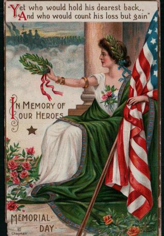 1909 Iap Lady Liberty Wreath Flag Memorial Day Vintage Patriotic Postcard
