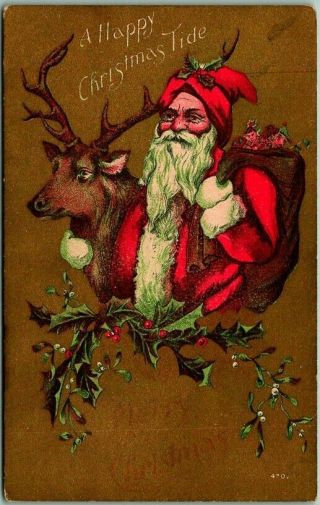 Vintage Christmas Postcard Santa Claus & Reindeer / 4701 - 1910 Iowa Cancel