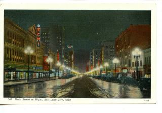 Main Street Scene At Night - Stores - Salt Lake City - Utah - Vintage Linen Postcard