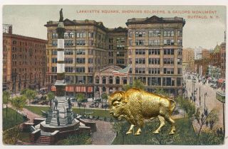 Vntg Postcard Lafayette Square Soldiers Sailors Monument Buffalo Metal Add - On
