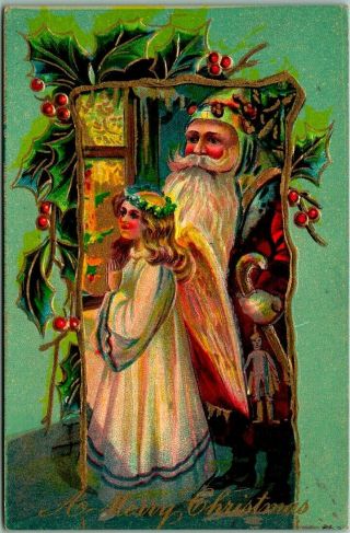 Vintage Christmas Postcard Santa Claus W/ Angel Girl,  Looking In Window C1910s