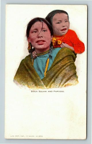 Vintage Sioux Indian Squaw And Papoose Mother And Child On Back Postcard Z18