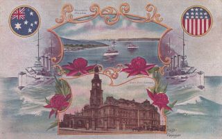 Vintage Postcard Australia Greets America 1908 Sydney Heads 1900s