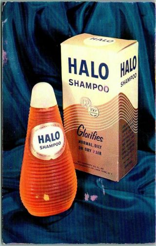 Vintage 1950s Chrome Advertising Postcard Halo Shampoo Beauty Products