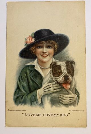 Vintage 1916 Postcard Wallace Robinson Artist Signed English Bulldog Lady Hat