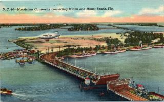 Vtg 1940s Florida Postcard Macarthur Causeway Miami Beach Fl Aerial View Bridge