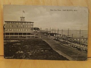 A31) Postcard Oak Bluffs Mass Sea View Vintage Auto Pier Flag Building Ma