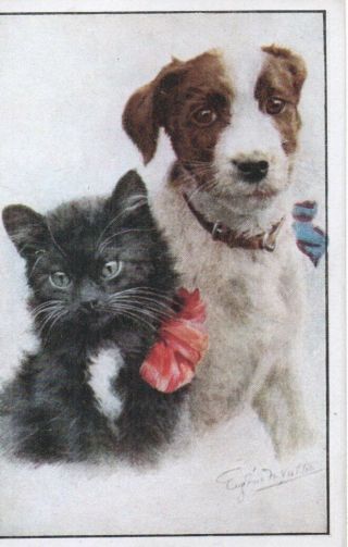 Vintage Art Postcard: Black Cat & Terrier Dog - Rats - By Eugenie Valter