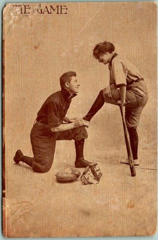Vintage Baseball Romance Greetings Postcard " The Game " Girl In Uniform C1910s