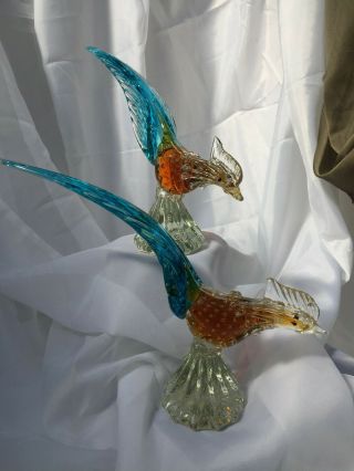 Vintage Murano Venetian Hand - Blown Glass Pheasants W/ Gold Leaf Fleck