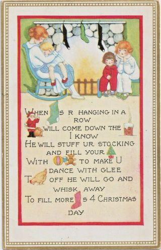 Vintage Postcard By Whitney Christmas Rebus Rhyme Santa,  Chimney,  Children,