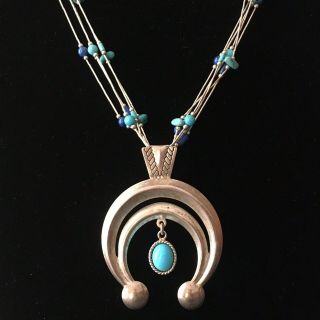 Vtg Native American Squash Blossom Necklace Turquoise Lapis Sterling Silver