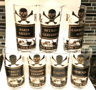 Set Of Seven (7) Vintage Name Your Poison Highball Glasses By Briard,  Eames Era