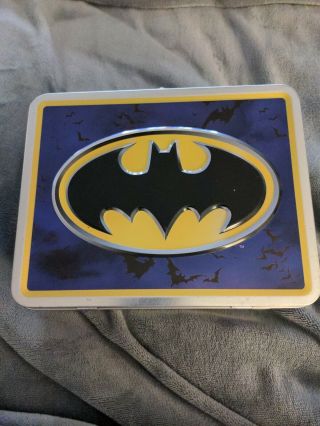 Vintage Batman Black & Yellow Bat Symbol Metal Lunchbox Purple Carry Case Purse
