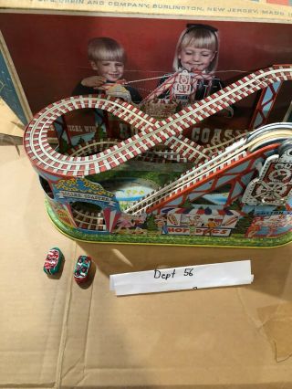 Vintage Chein Tin Windup Coney Island Roller Coaster Toy & (2) Cars And
