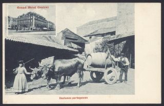 Portugal.  Portugese Costumes & Bullock Cart.  Vintage Postcard