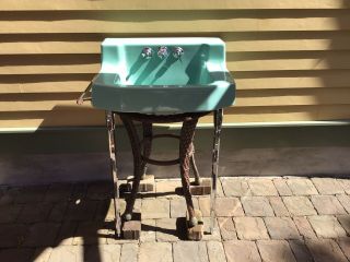 1950’s Vintage Kohler Mcm Spruce Green Bathroom Sink W Chrome Legs And Towel Bar