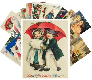 Postcards Pack [24 Cards] Vintage Christmas Cute Funny Kids With Santa Cf7003
