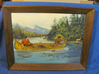 Vintage England Oil Painting Of Two Hunters In Canoe Pursuing Deer