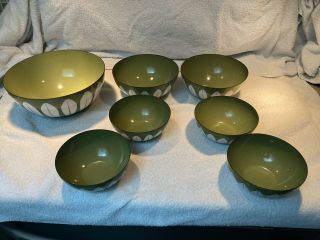 Vintage Cathrineholm Set Of 7 Enamel Lotus Bowls,  Green With White Lotus,  Norway