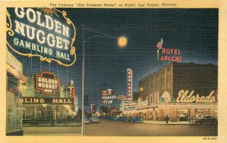 Las Vegas Nevada Fremont Street At Night Vintage Linen Postcard View