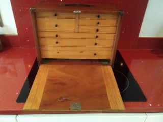 Antique Vintage " Emir " Jewellers Tool Cabinet Bank Of 8 Drawers With Key