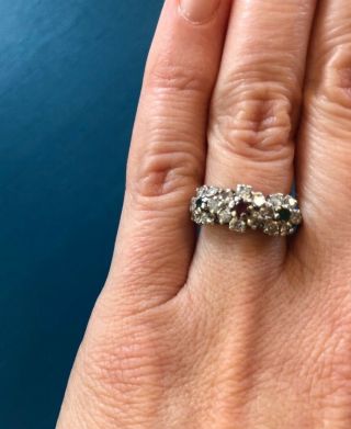 Vintage diamond flower cluster ring 18k white gold ruby sapphire emerald center 2