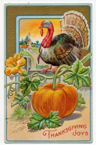 042820 Lovely Vintage Thanksgiving Postcard Turkey And Pumpkin C 1910
