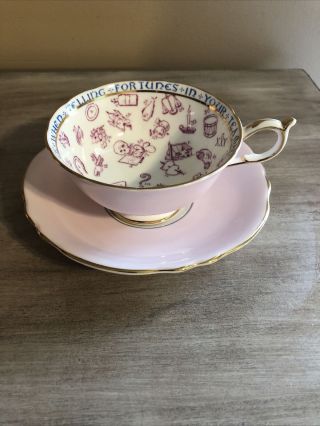 Vintage Rare Paragon Fortune Telling Pink Teacup & Saucer Gilded Footed