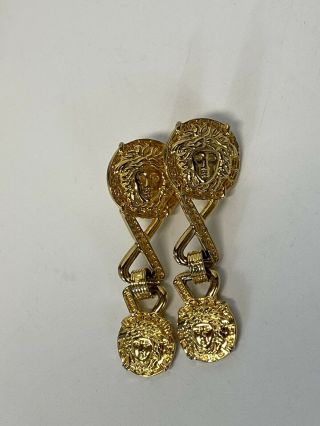 Rare Vtg Gianni Versace Gold Medusa Drop Earrings