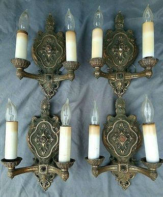 Vtg Antque Set Of 4 Cast Iron Polk Wall Sconces 11.  25 X 8 Rewired Switches