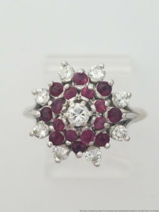Vintage 14k White Gold.  454ctw Fine Diamond Natural Ruby Princess Cocktail Ring